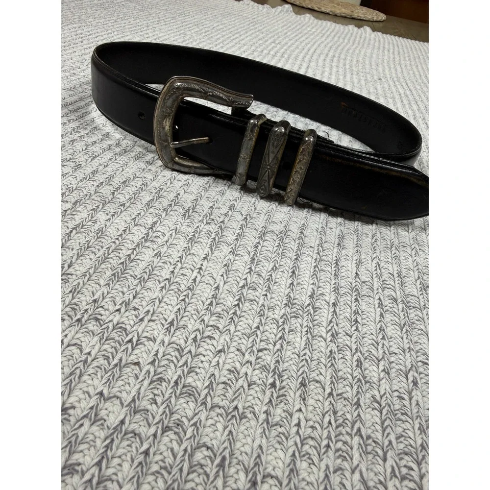 Nordstrom Western Belt Womens 28 Black Leather Silver Engraved Hardware